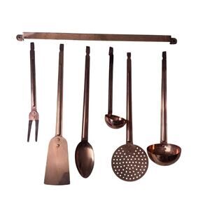 Vintage Copper Toned Untencils with Hanging Rack and 13" Tray